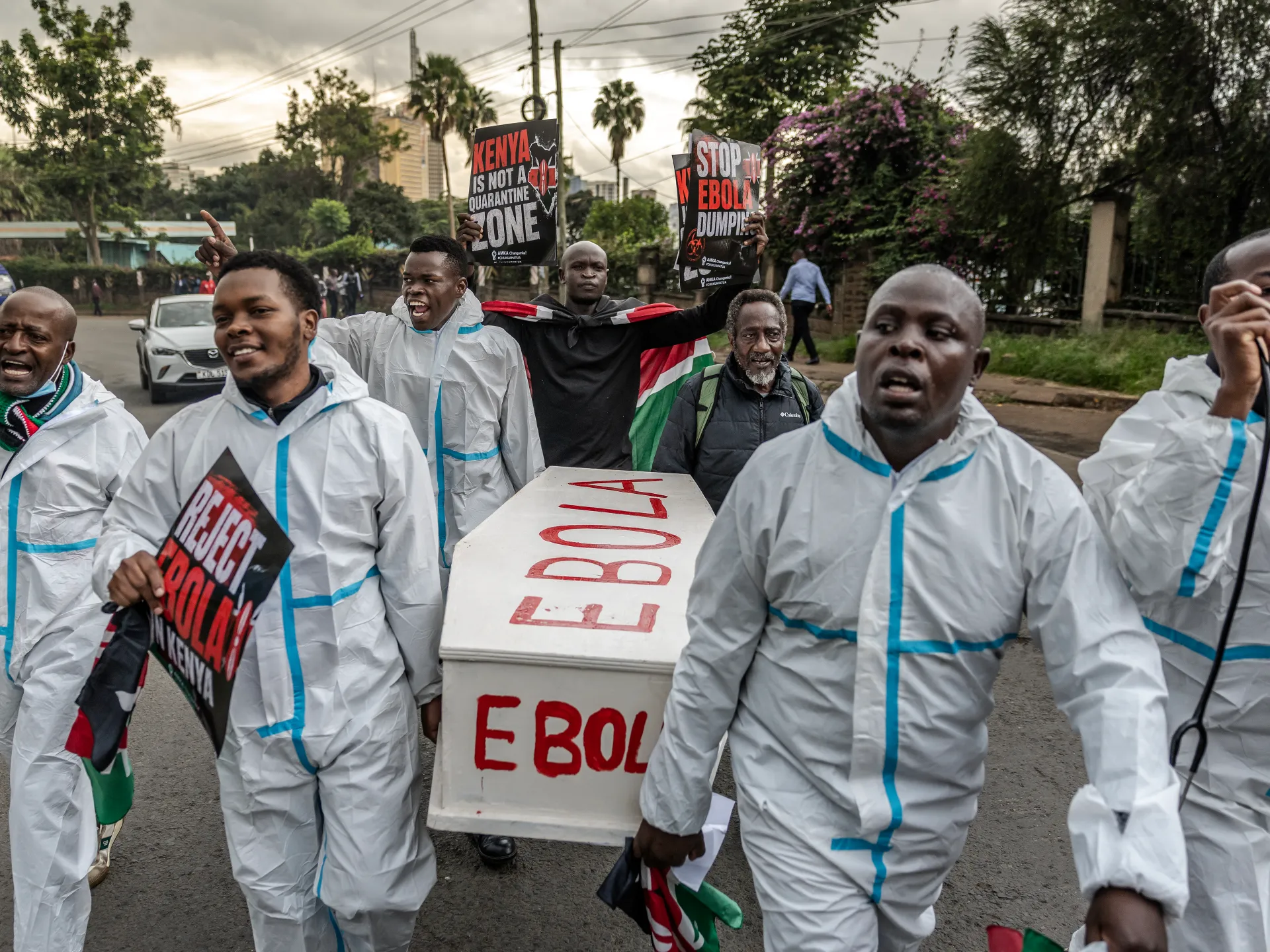 Protesters use ‘Ebola coffin’ to rally against US quarantine centre