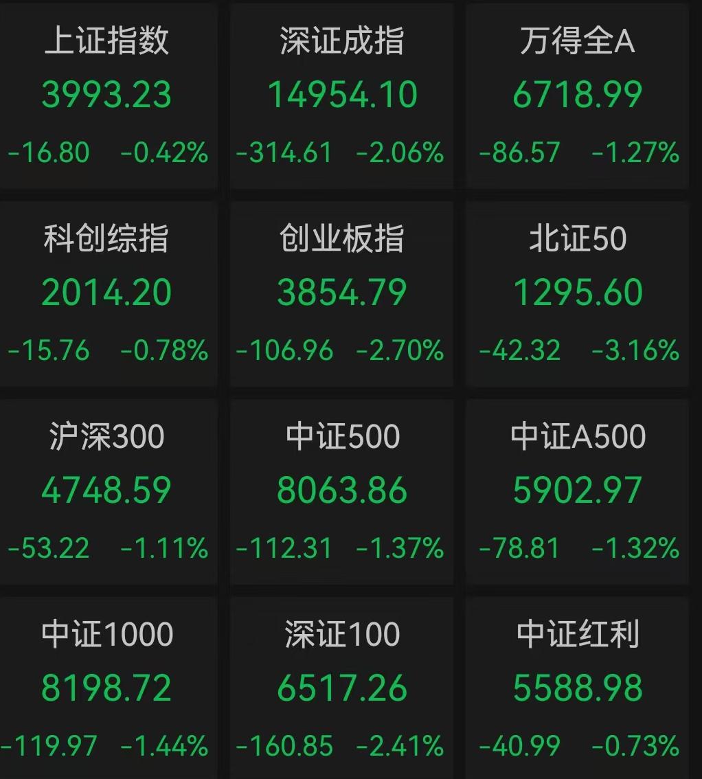创指跌2.7%，沪指失守4000点！逾3800只个股飘绿，保险、银行等板块逆势走强
