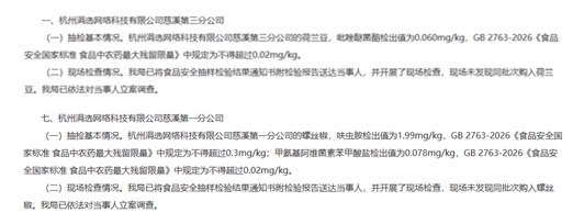 盒马关联公司螺丝椒农残超标5倍多，荷兰豆农残超标2倍