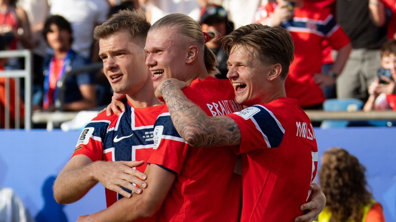 Haaland scores two in WC debut as Norway win